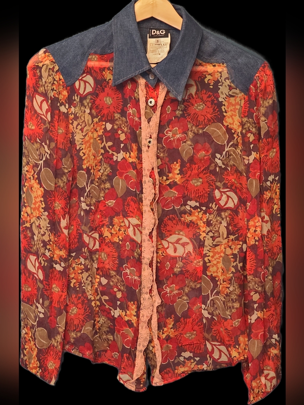 Dolce & Gabbana Red Floral 100% Silk Blouse with Denim Yoke